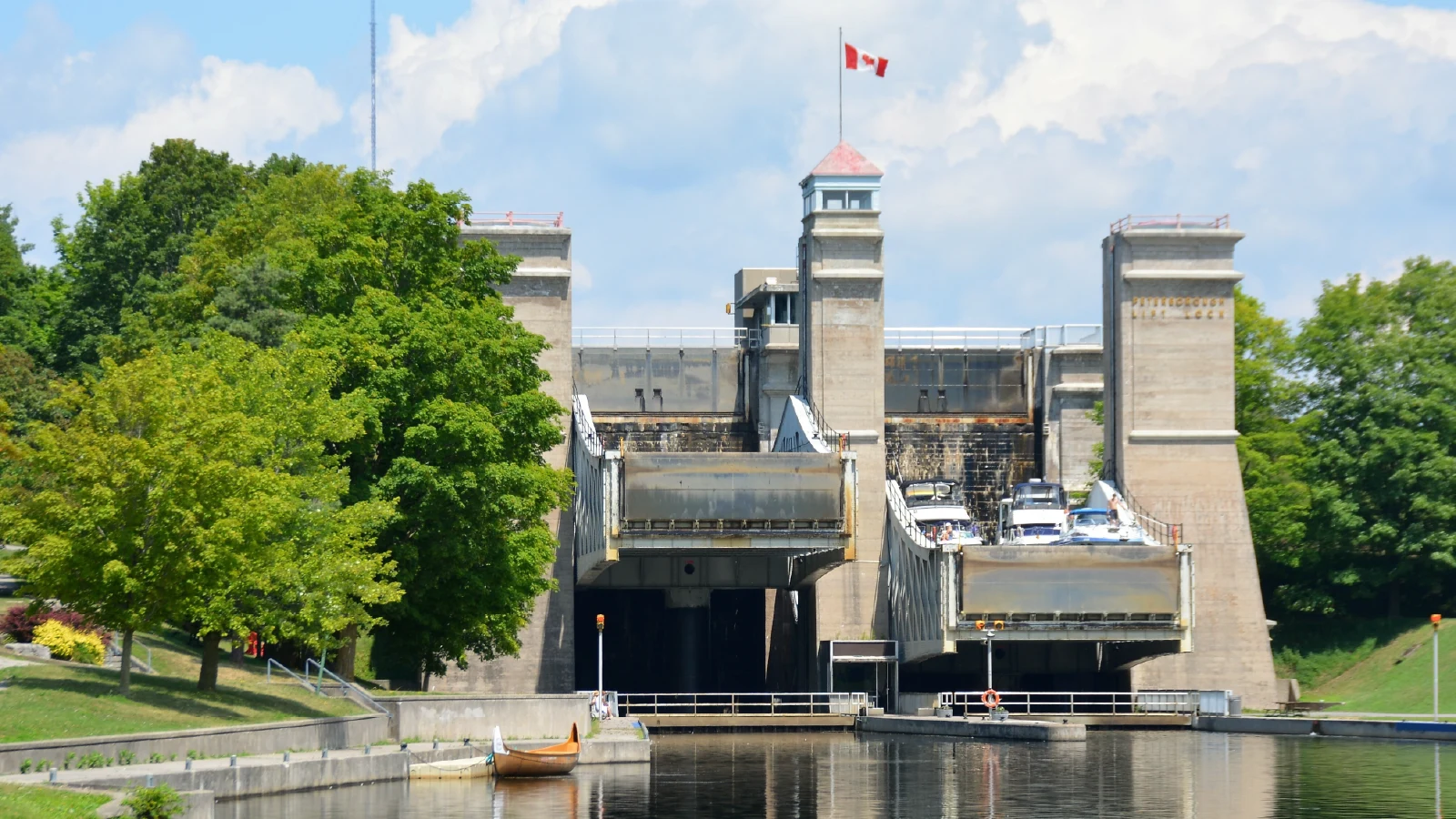 Peterborough Lift Lock on the Trent-Severn Waterway with boats and canal in Kawartha Lakes Ontario